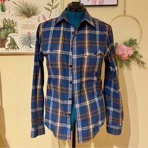 L.L. Bean Signature Navy and Tan Plaid Button-Down Shirt